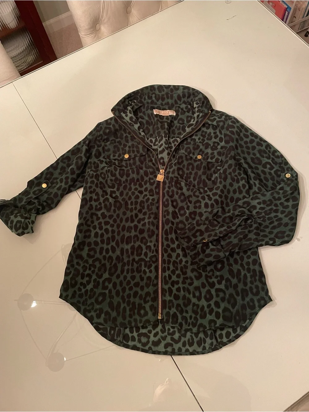 Michael Kors Dark Green Leopard-Print Zip Jacket